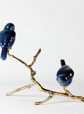 新款样板房美书房装饰品金属陶瓷式中客玄关树枝鸟厅玄关现代新式