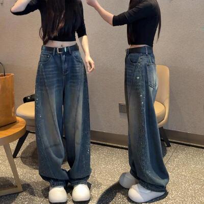 满天星烫钻弯刀牛仔裤女春季2026新款复古蓝阔腿裤大码胖mm直筒裤