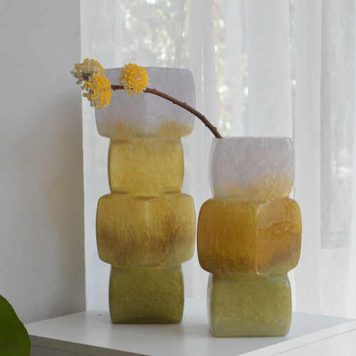 超温柔方块奶玉渐变琉璃花瓶摆件客厅复古高级感玻璃水培插花器