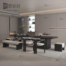 现代轻奢实木茶桌 设计师款高端大理石黑白花 新中式岩板岛台餐桌