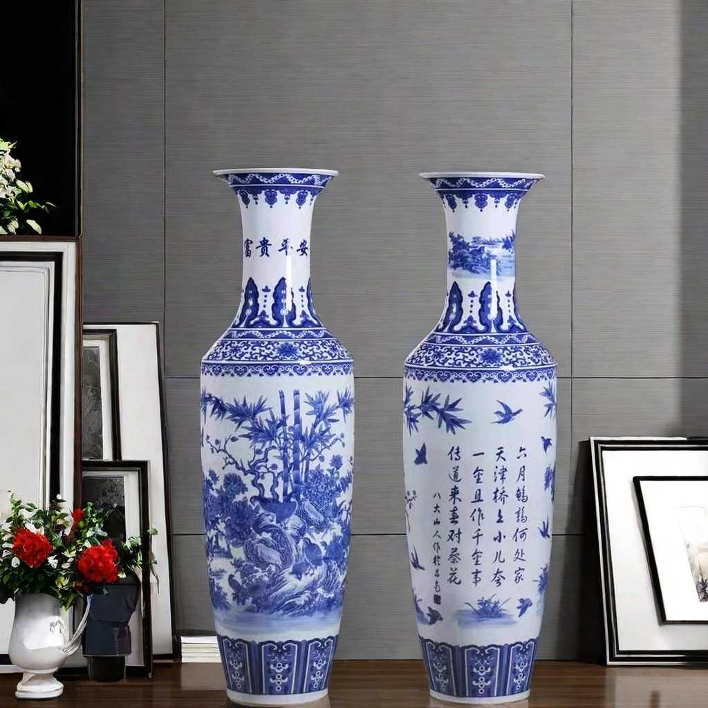 景德镇陶瓷器大花瓶大号青花瓷酒店落地摆件手绘客厅富贵平安装饰