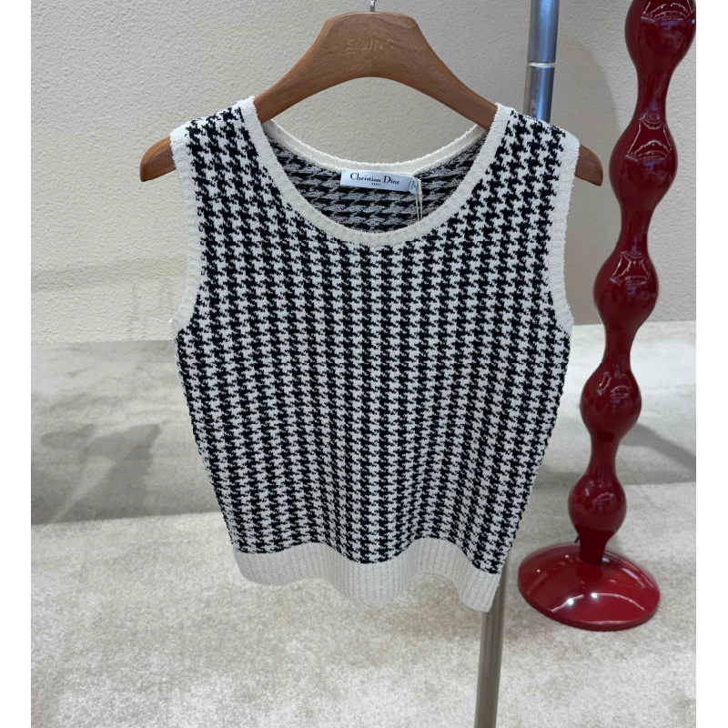 [97新]迪奥DIOR拼色千鸟格满印针织马甲毛衣时尚秋冬女款#36码