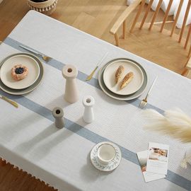 简约网格条纹桌布茶几布家用棉麻布艺长方形对称条纹台布餐桌布