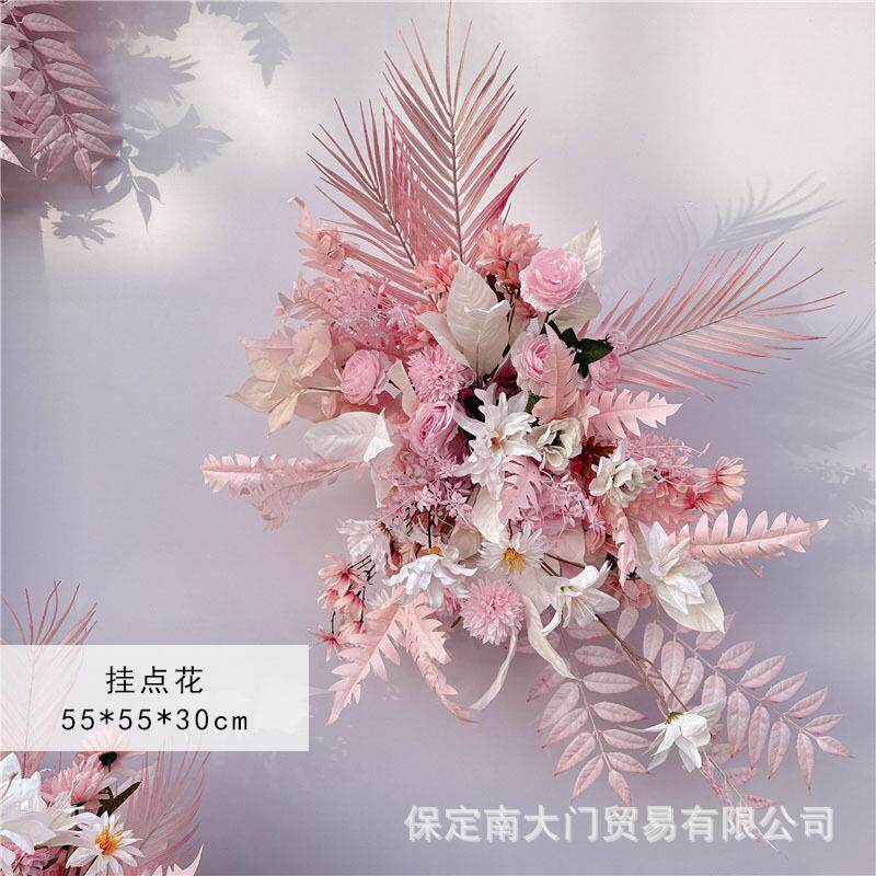 新礼款婚庆地排花仿真花绢花成品T花装饰尤象叶粉色加利排台路引