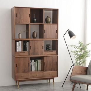 北欧全实木黑胡桃木书柜现代简约型原木樱桃木置物架格子储物书架