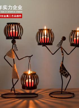 居家典雅 田园双灯笼复古工艺铁人烛台摆件烛光晚餐气氛布置道具