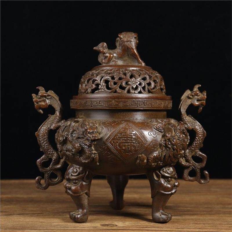 精品仿古铜器古玩 龙耳狮盖兽炉摆件 家居书房客厅摆设