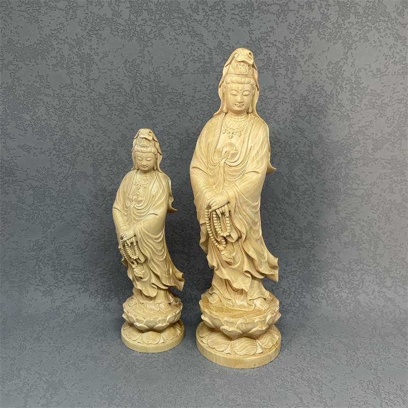 小叶黄杨木雕站莲念珠观音菩萨南海佛像木质摆件家用家中摆放供奉