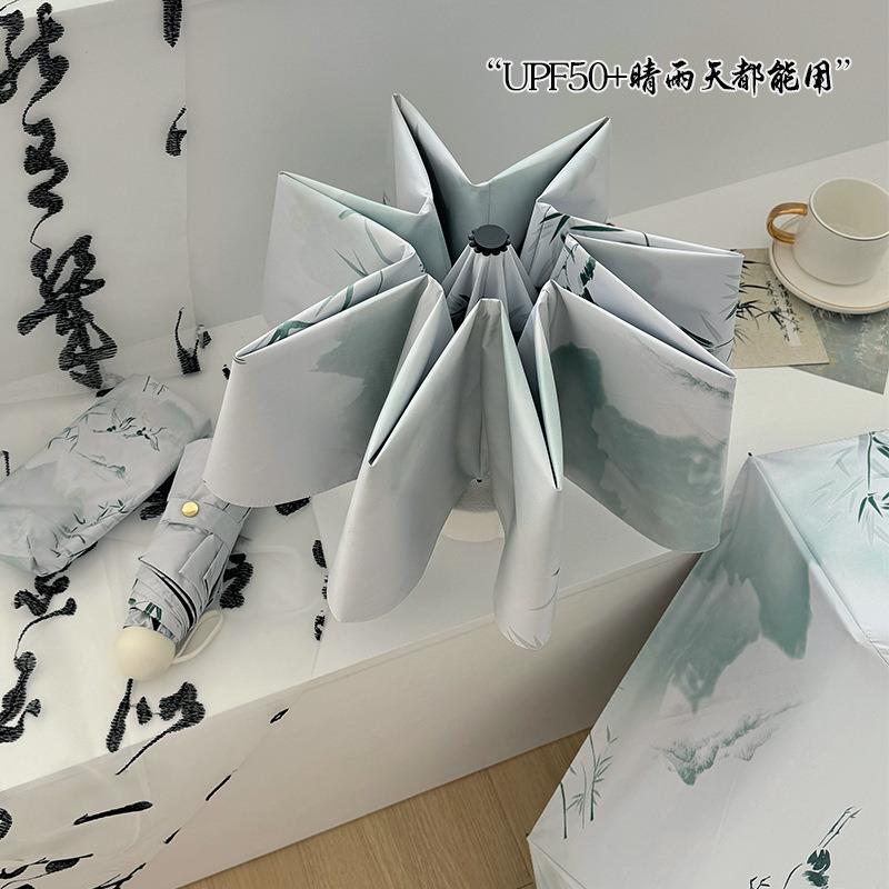 新款直销新款国风竹园折叠伞防晒防紫外线晴雨两用黑胶遮阳伞全自