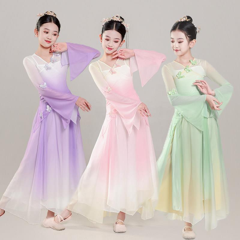 儿童古典舞服装、中国舞蹈体韵练习服装、纱布服装、女童民族舞蹈