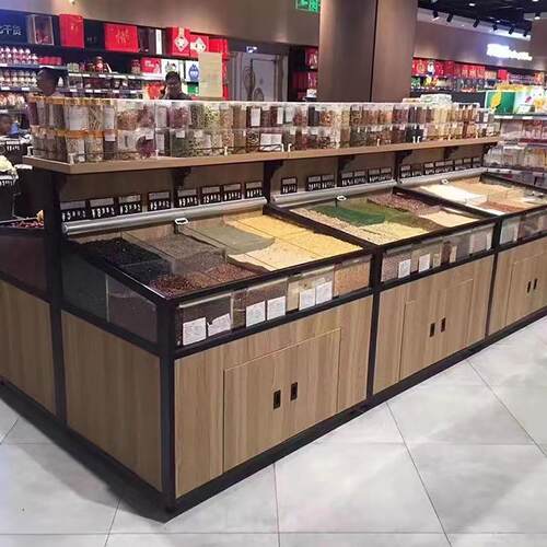 超市杂粮干货散装柜干果零食货架展示柜带防护栏散称柜米面粮油架