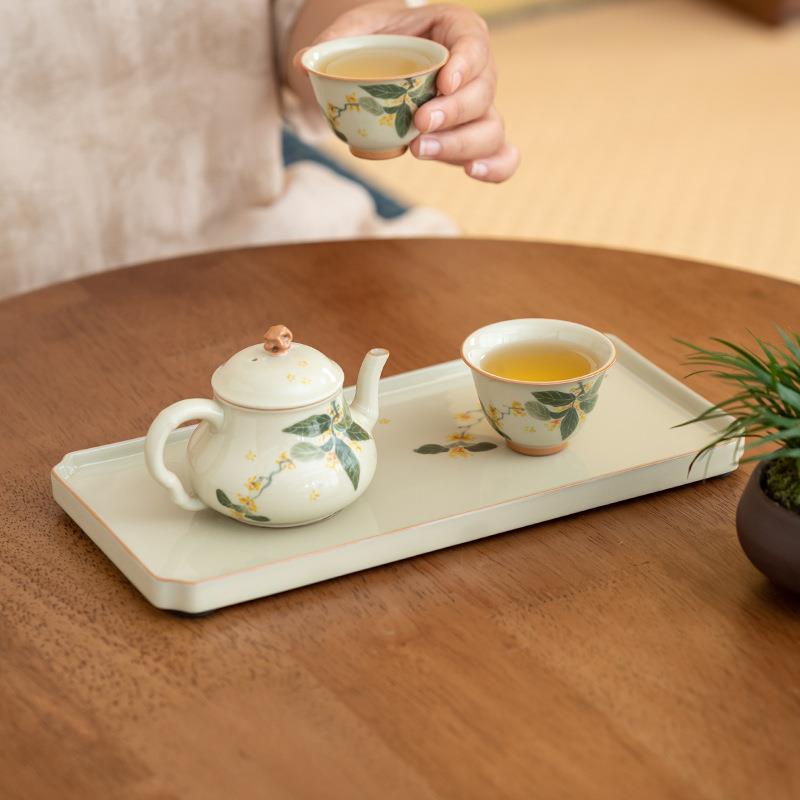 冰台手绘桂花小茶盘托盘长方形干泡盘茶杯放置盘陶瓷台家用茶具