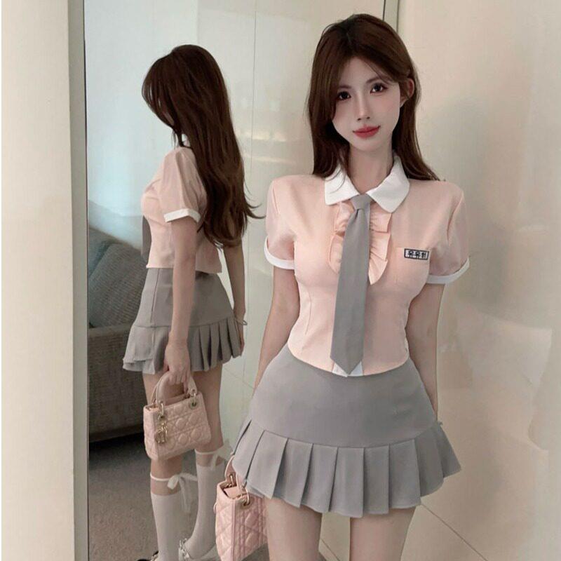 学院风制服套装女木耳边甜美少女粉衬衫鱼尾百褶裙子纯欲两件套