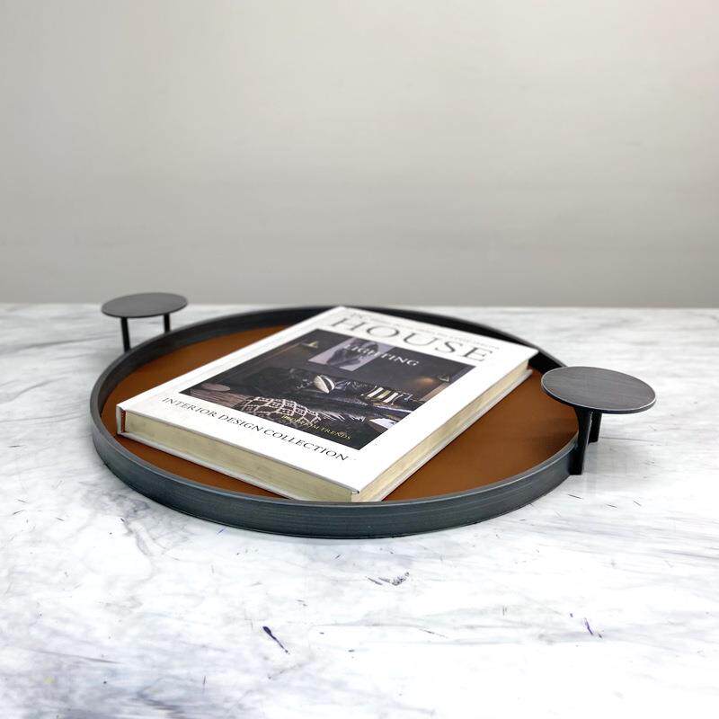 简约现代轻奢橘色黑色皮金属圆托盘 客厅桌面时尚收纳摆件装饰品