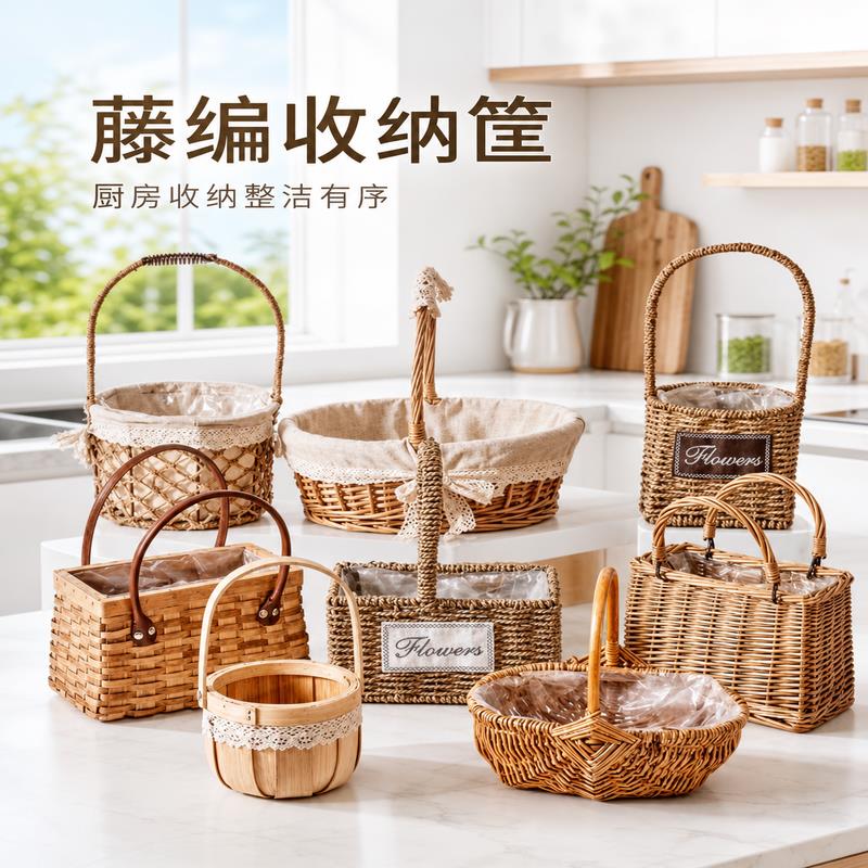 天然藤编收纳篮方形伴手礼手提花篮创意花篮大容量手工编织储物篮