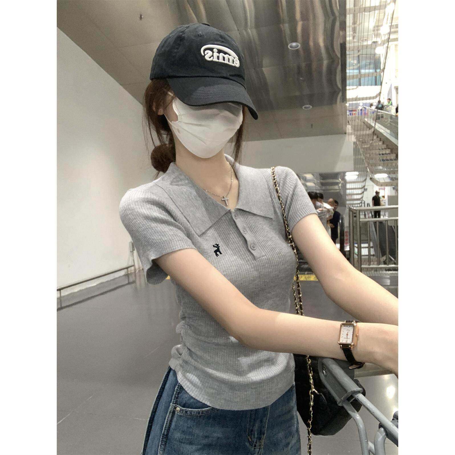 polo领灰色短袖正肩T恤女夏季2025新款衣服巨好看的夏装夏天上衣