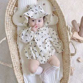 0-2岁婴幼儿连体哈衣春秋装，1女宝宝印花娃娃领爬服外出连身衣送帽