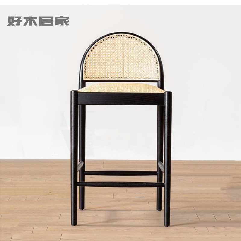 实木复古藤编吧台椅 家用岛台凳子高脚吧椅 餐厅高吧椅咖啡厅椅子