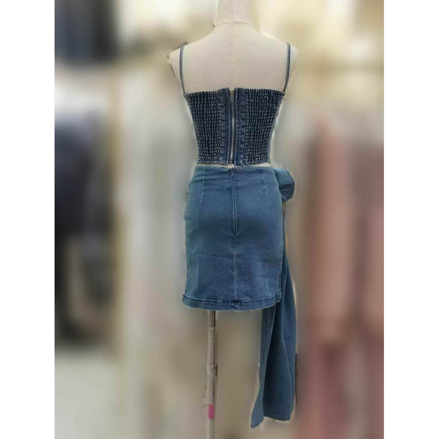 Set Miniskirt Skirt Denim Ribbon Flower 3D Top Suspender