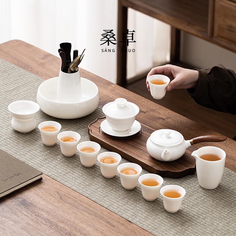 羊脂玉白瓷轻奢功夫茶具套装家用简约办公室泡茶客厅茶壶盖碗茶杯