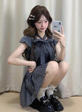 miu系富家千金灰色波点洋装女夏学院风甜美蝴蝶结收腰百褶短裙