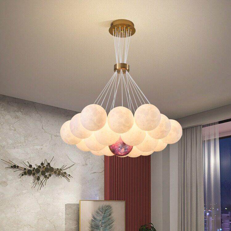 跨境北欧儿童房卧室灯泡泡球餐厅3D打印月球吊灯客厅灯具环保材质