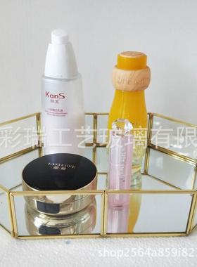 玻璃花房 甜品摆件盘 欧式铜边 镜面首饰收纳托盘 家居收纳盒