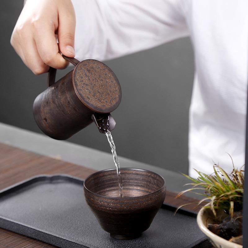 日式复古粗陶茶壶铜鎏金陶瓷单壶紫砂个性家用茶具喝茶中国风
