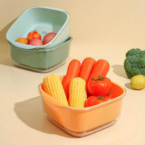 Large PET Double-Layer Water-Draining Basket, Color-Contrast