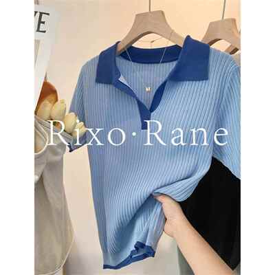 法国Rixo Rane⭐法式气质冰丝针织短袖T恤女撞色领polo衫修身上衣