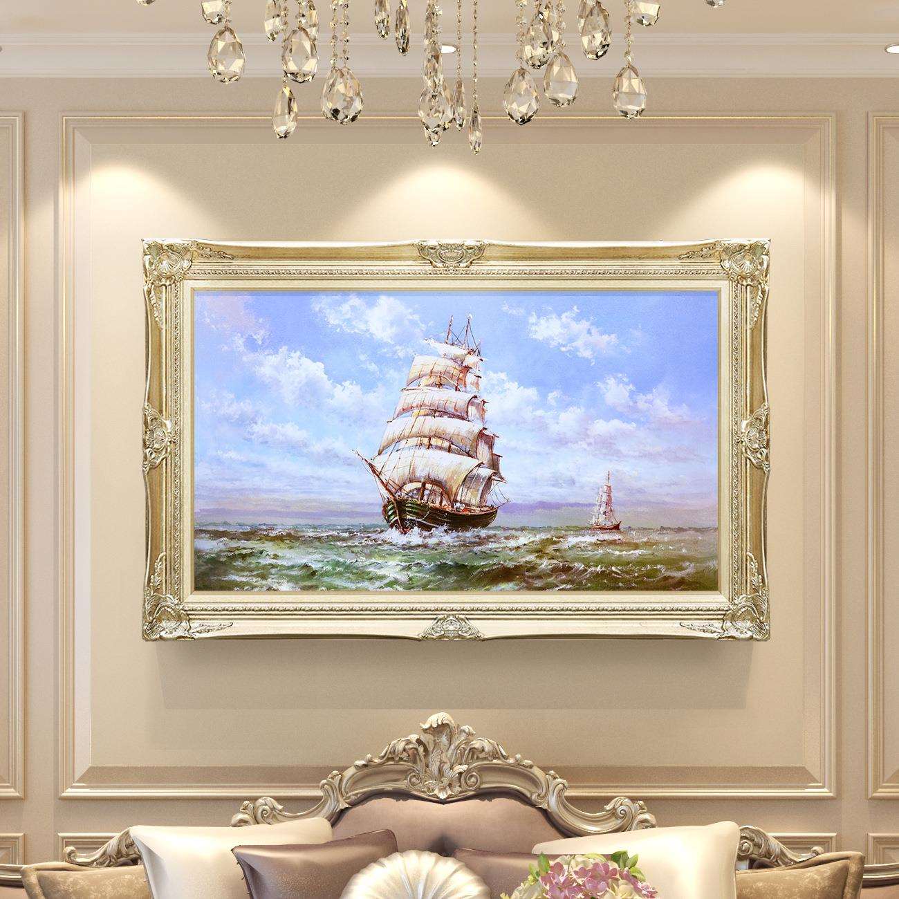 欧式油画客厅装饰画背景沙发背景挂画帆船油画办公室书房画