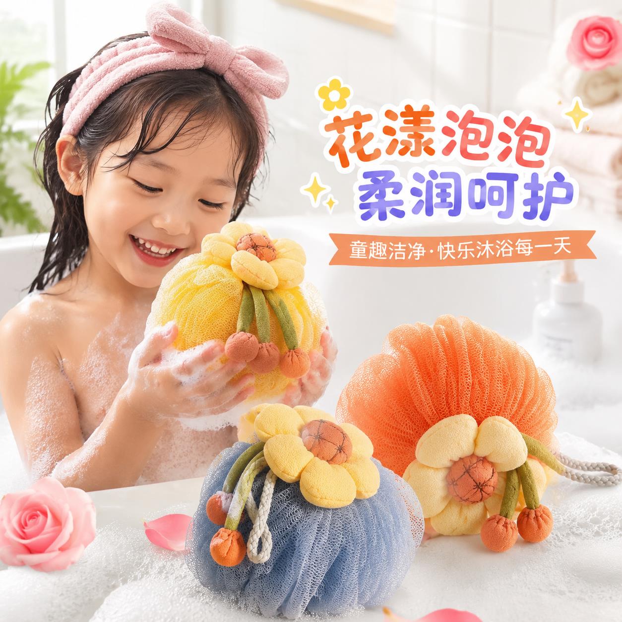 沐浴球儿童专用洗澡球宝宝搓澡神器柔软无痛卡通小太阳浴花不散花
