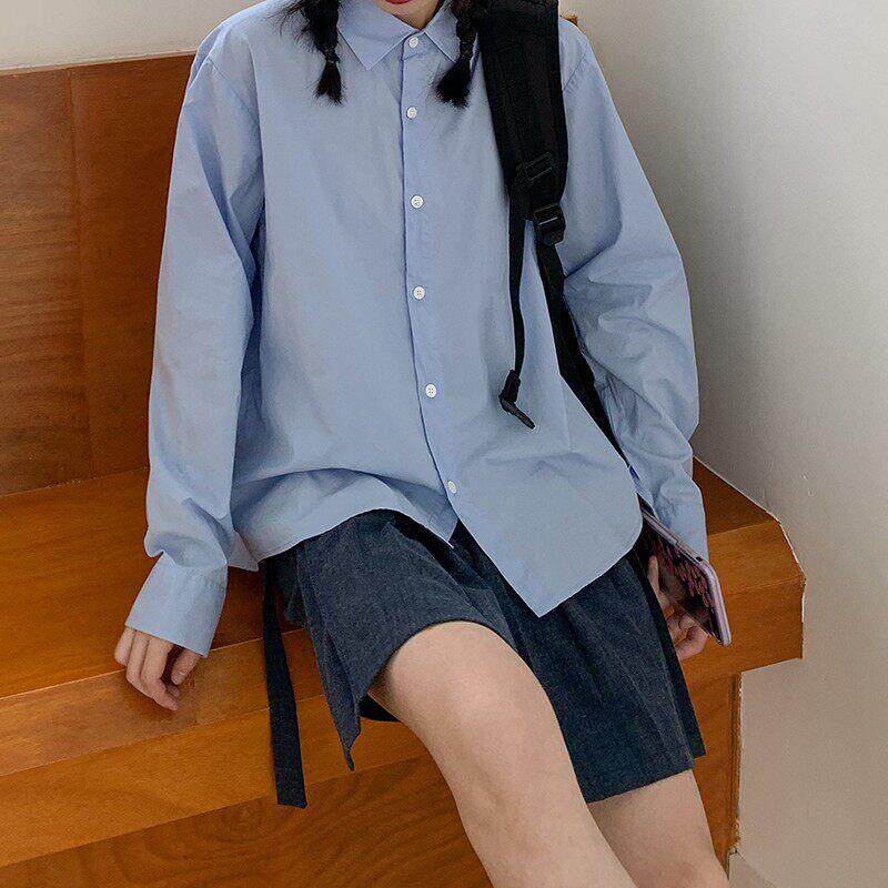 NextMary别致蓝色长袖衬衫女春季高级感叠穿上衣内搭宽松纯色衬衣
