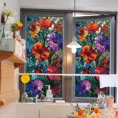 Durable Privacy Decor Sticker Retro Flower Grass Glass