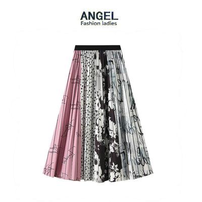 涂鸦拼粉色高级感中长款小个子2025新款复古国风半身裙百褶裙2125