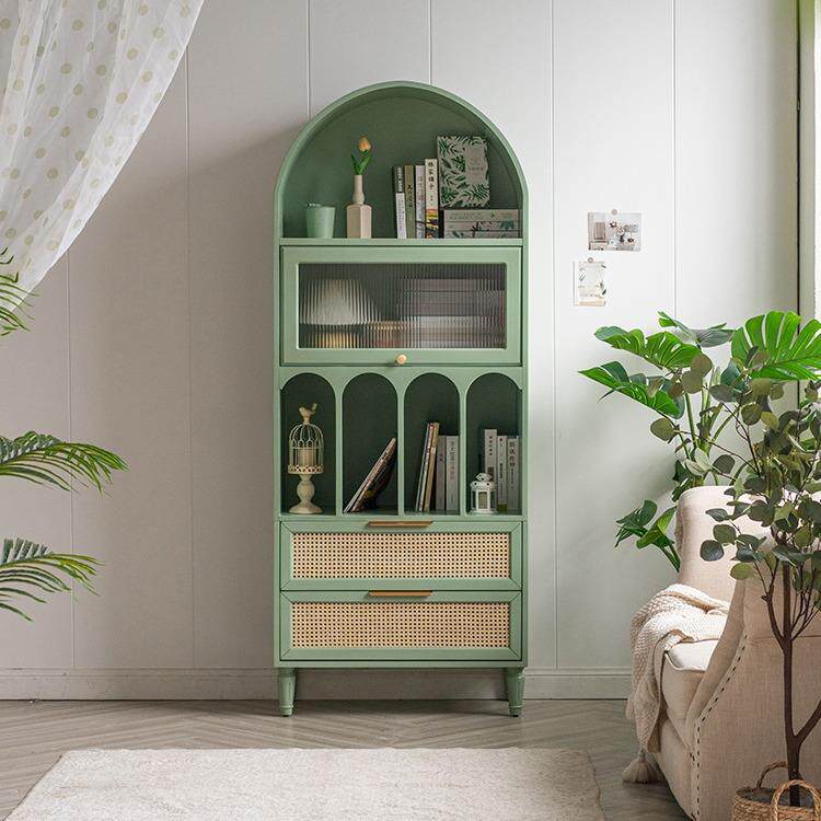 美式复古实木两门书柜置物柜带门客厅玻璃展示柜落地书橱靠墙家用