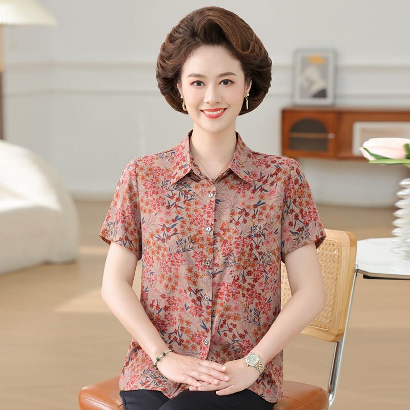 妈妈夏装杭州真丝短袖T恤衬衫中老年阔太太桑蚕丝碎花翻领上衣女