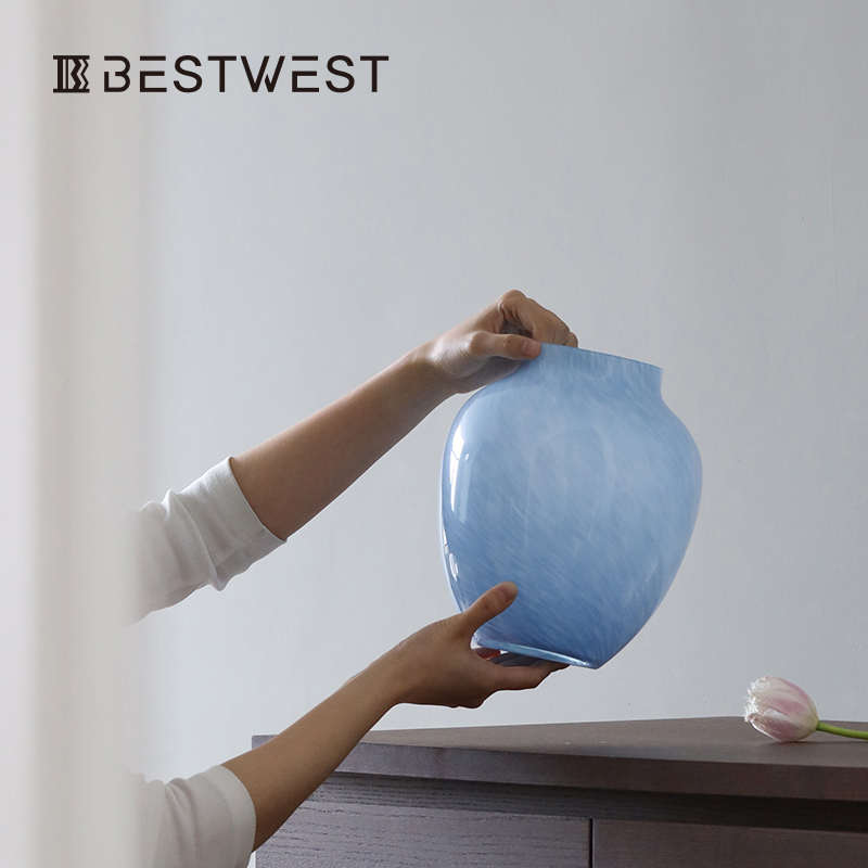 bestwest高级感蓝色几好看玻璃花瓶摆件法式中古客厅桌面插花装饰