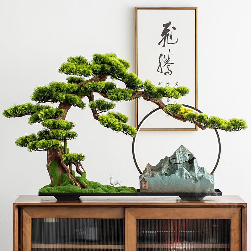 新中迎客松鱼缸流水式摆WFY件意客厅装饰品仿真绿禅植家居软装办