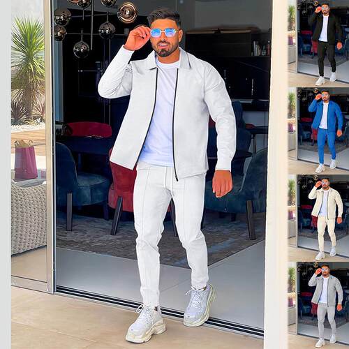 Men's long sleeved lapel suit zipper cardigan sports suit