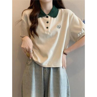 韩国polo领正肩短袖t恤女夏季2025新款华夫格撞色宽松短款上衣