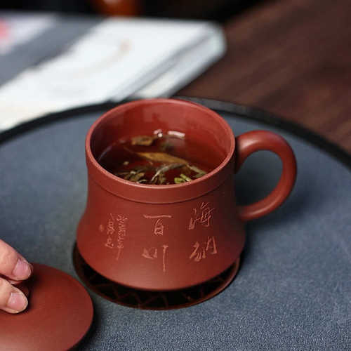 紫砂茶杯大容量男款手工宜兴茶具办公杯带盖原矿紫泥海纳百川