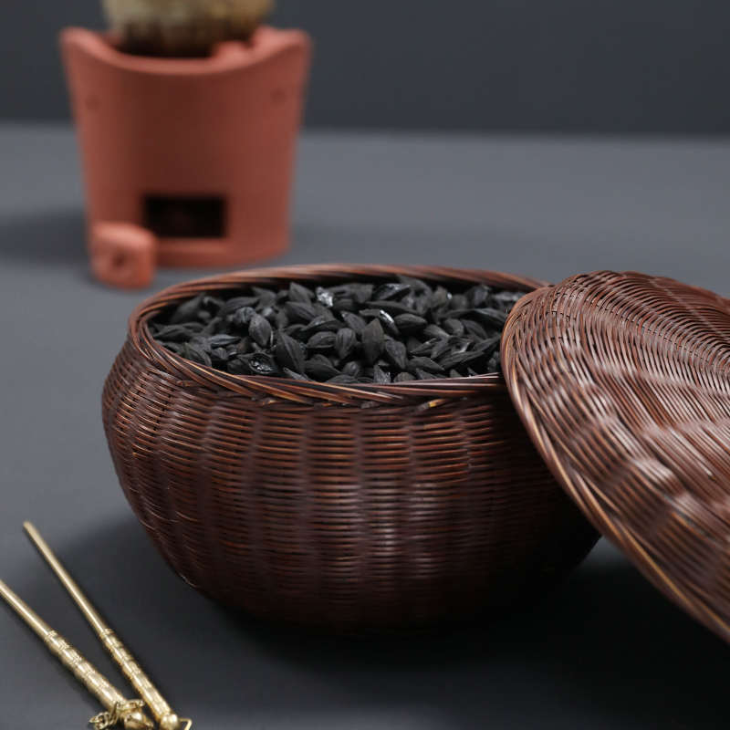 带竹 碳龙眼核桃茶道炭竹笼炭篓斗橄榄碳钵碳盖篓编配件煮茶娄灰