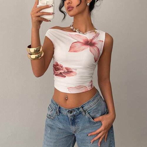 Womens Summer Casual Off-Shoulder Floral Print Ruched