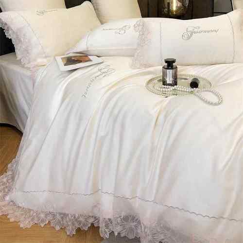 法式款轻奢风高档纯色欧根纱蕾丝拼接刺绣家用长绒棉四件套