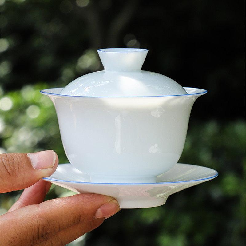 景德镇甜白瓷盖碗茶杯单个家用陶瓷纯手工带盖三才泡茶碗茶具套装