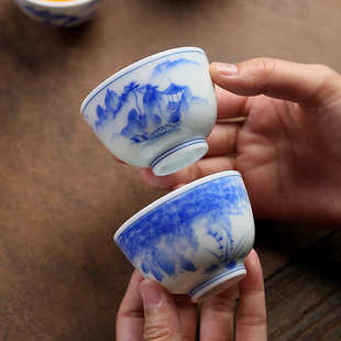 手绘山水陶瓷小茶杯主人杯功夫茶具单杯白瓷家用品茗杯釉下彩茶盏