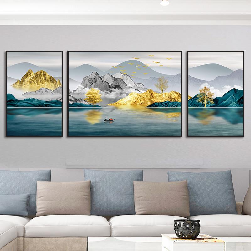 客厅书房背景墙布置沙发装饰画三联晶瓷山水挂画现代简约轻奢挂画