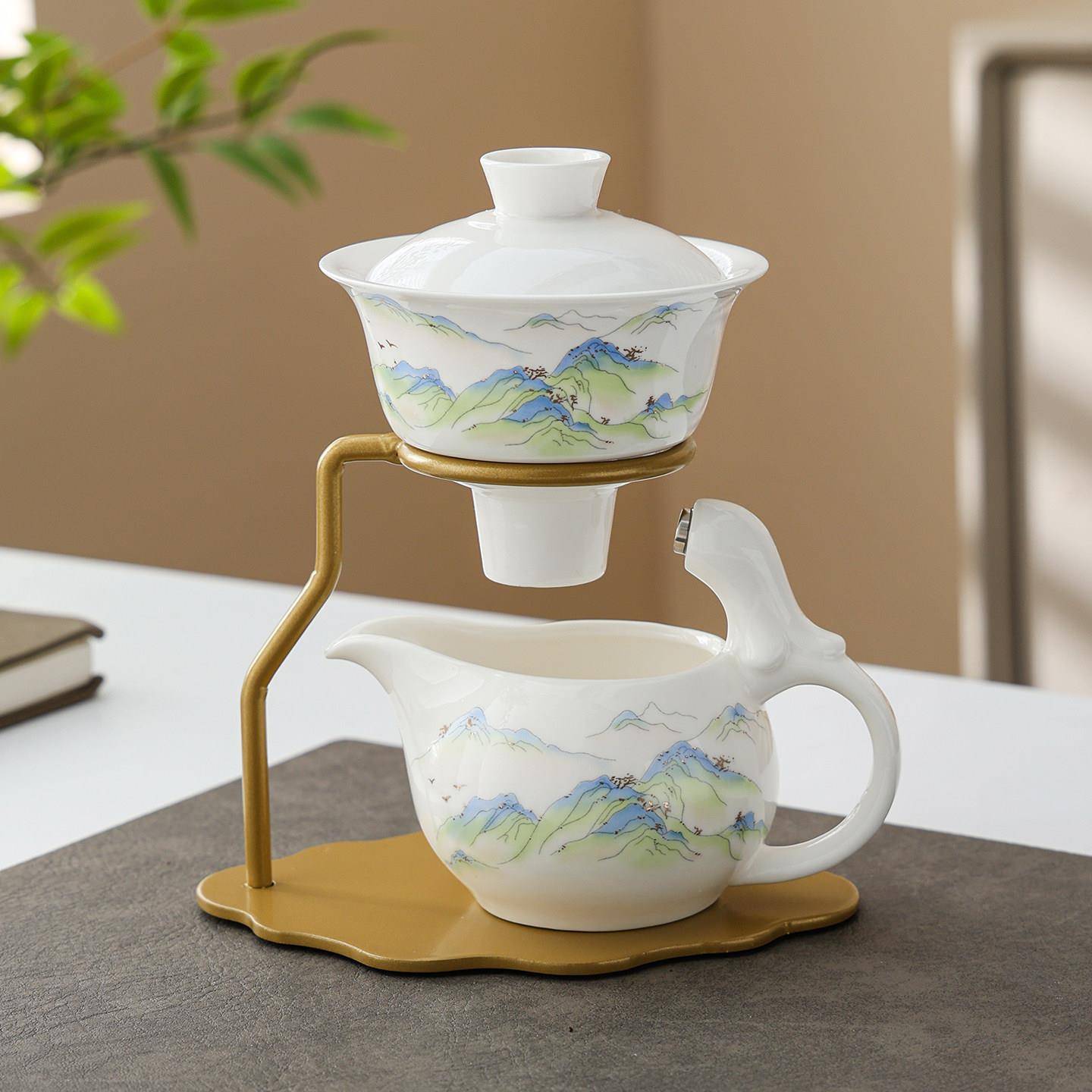 陶瓷全自动懒人茶具功夫茶具自动盖碗磁吸防烫茶杯送礼套装