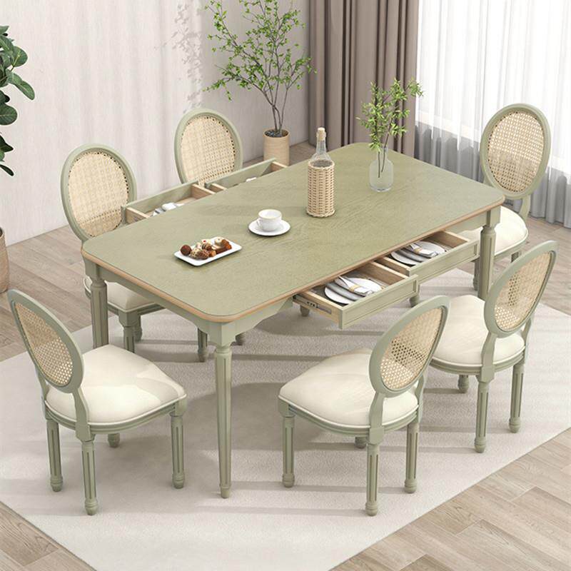 美式轻奢实木餐桌编藤椅组合小户型客厅淡绿色复古长方形简约饭桌